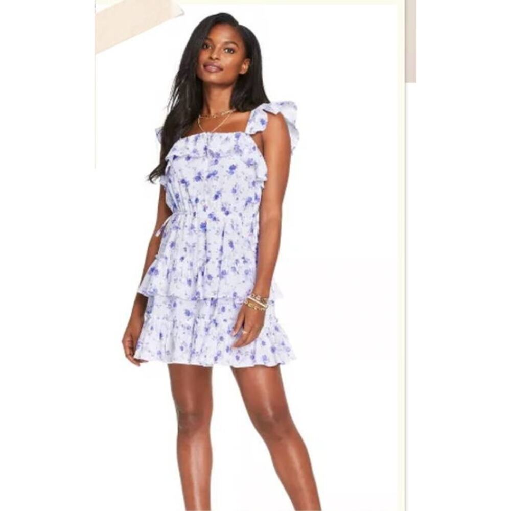 LoveShackFancy Amalie Tiered Ruffle Mini Dress Blue Floral Ruffles Boho Size M